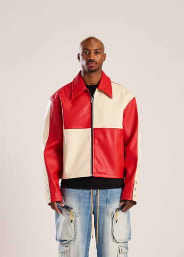 Checkerboard Leather Jacket - Red/Cream