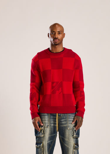 Checkerboard Knit Sweater - Red