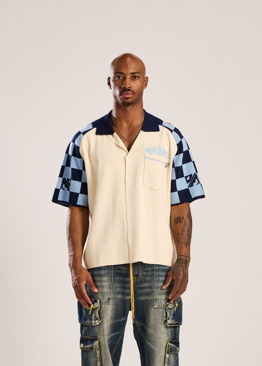 Pit Crew Button Shirt - Cream/Blue