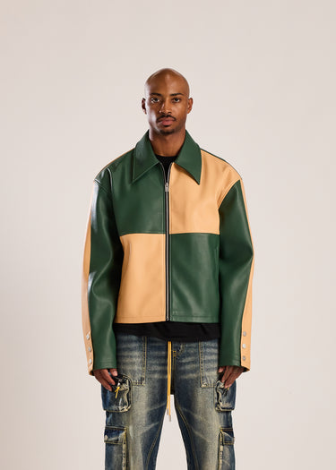 Checkerboard Leather Jacket - Green/Tan