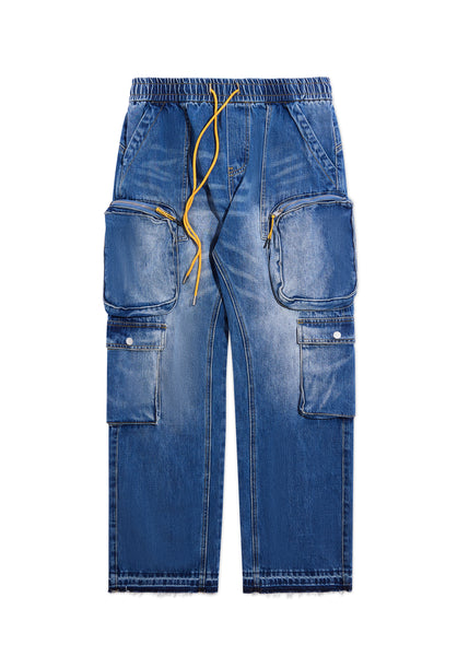 【WONDER WONDER】Washed Pocket Cargo Blue L Wide Denim Pt Release Cargo Denim - Washed Blue – Diet Starts Monday